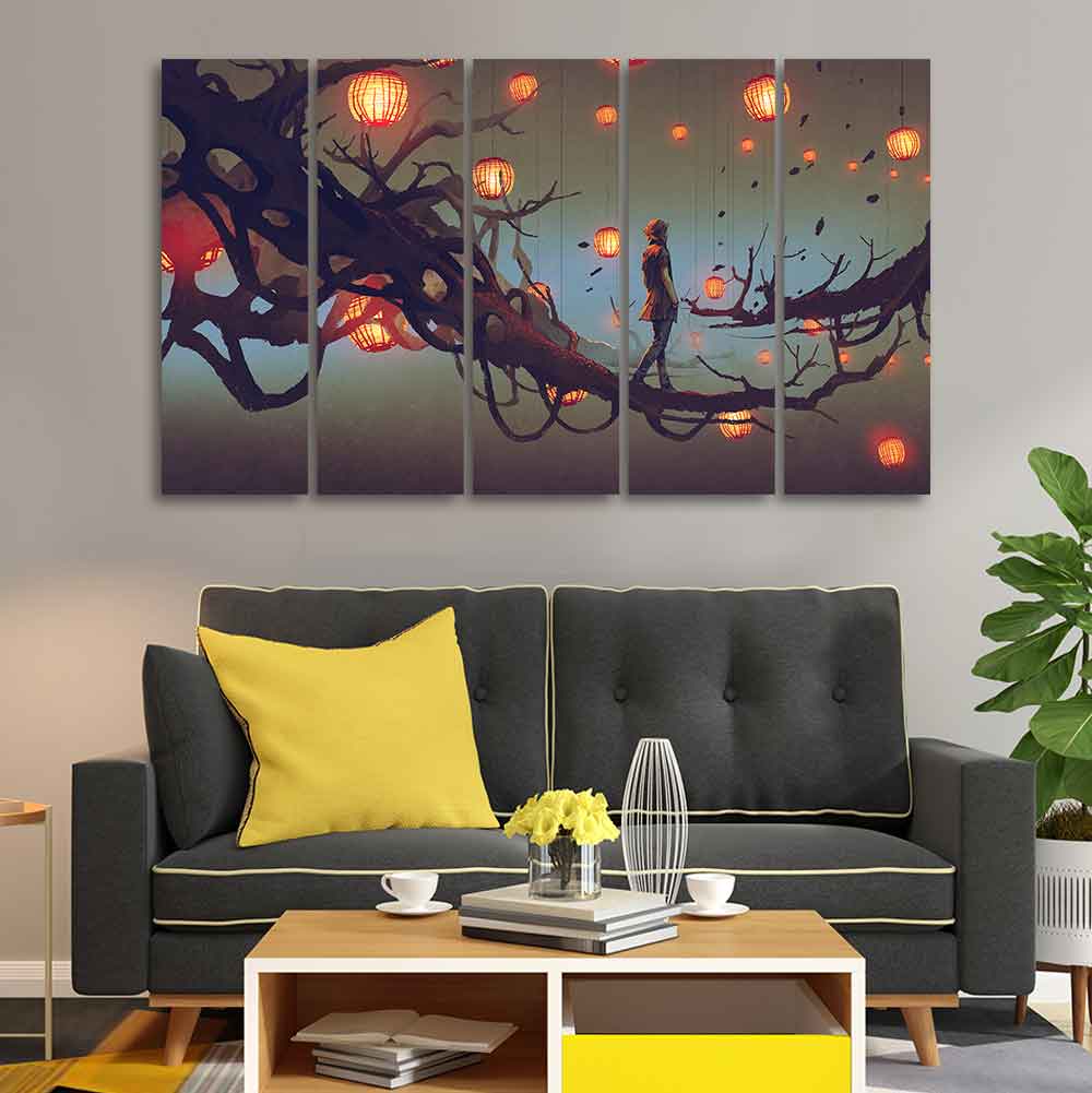 Man Walking in Night Premium Five Pieces Canvas Wall Painting - Image 2
