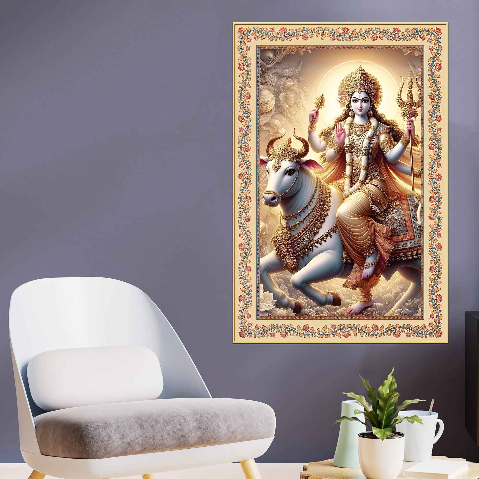 Mata Shailputri Floral Border Vertical Canvas Wall Painting - Image 2