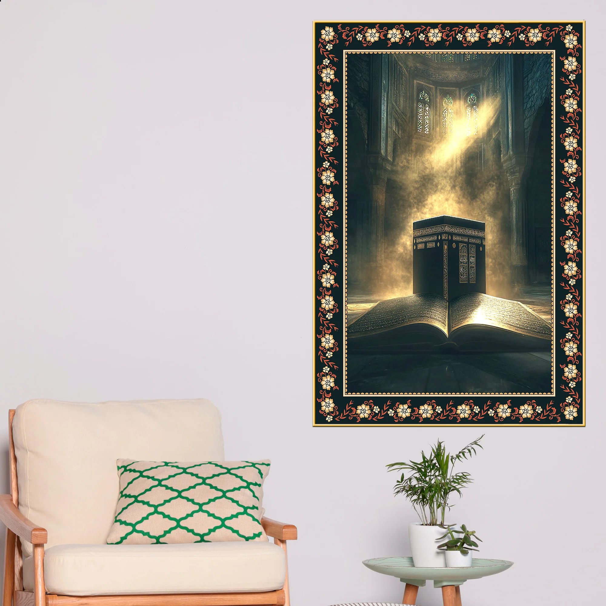 Mecca Holy Mosque Islamic Floral Border Vertical Wall Painting - Image 2