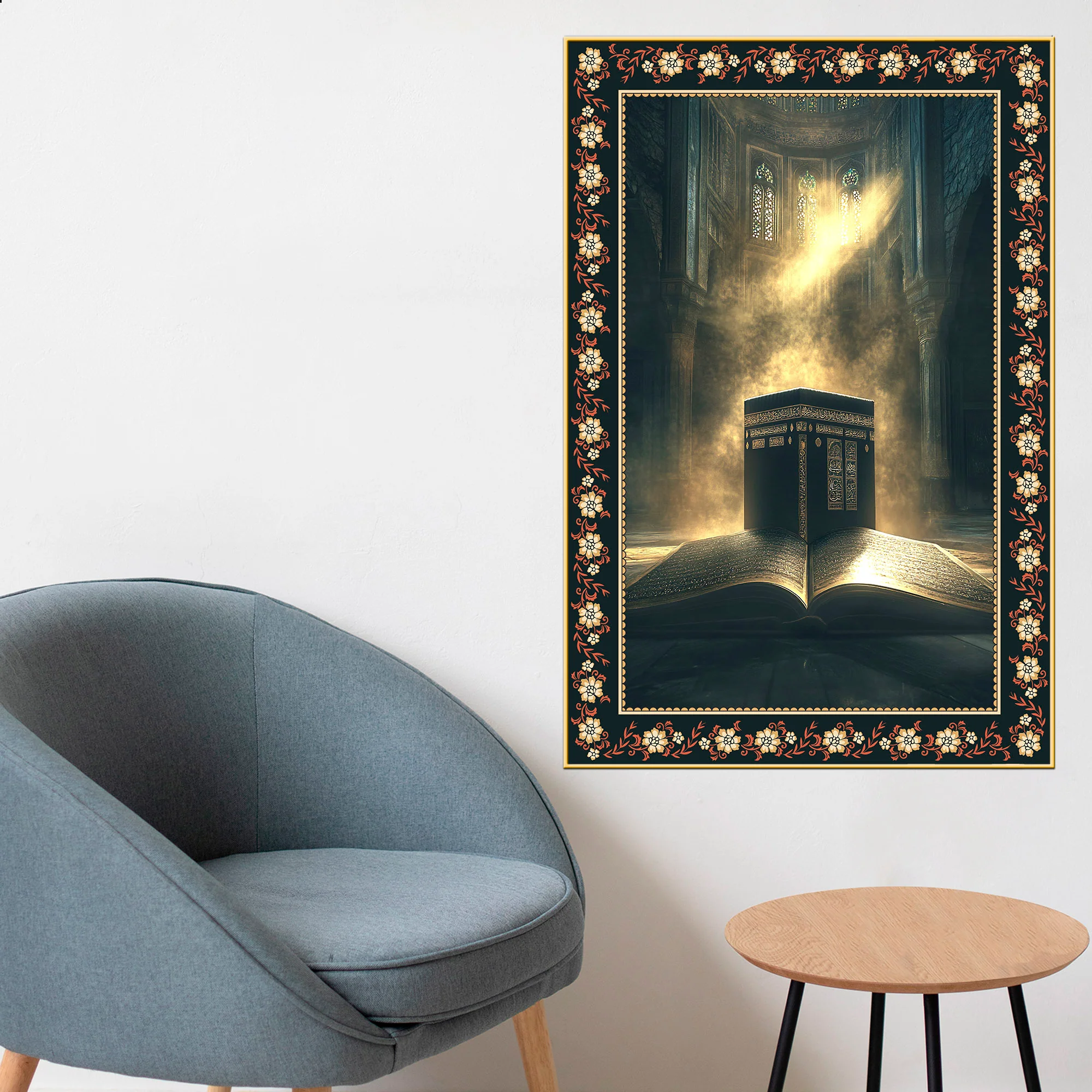 Mecca Holy Mosque Islamic Floral Border Vertical Wall Painting - Image 3