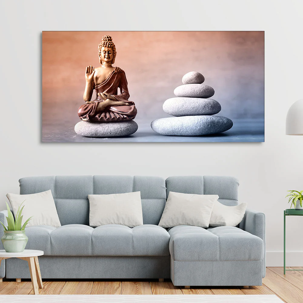 Meditating Buddha is Sitting with Balance Stones Canvas Wall Painting - Image 2