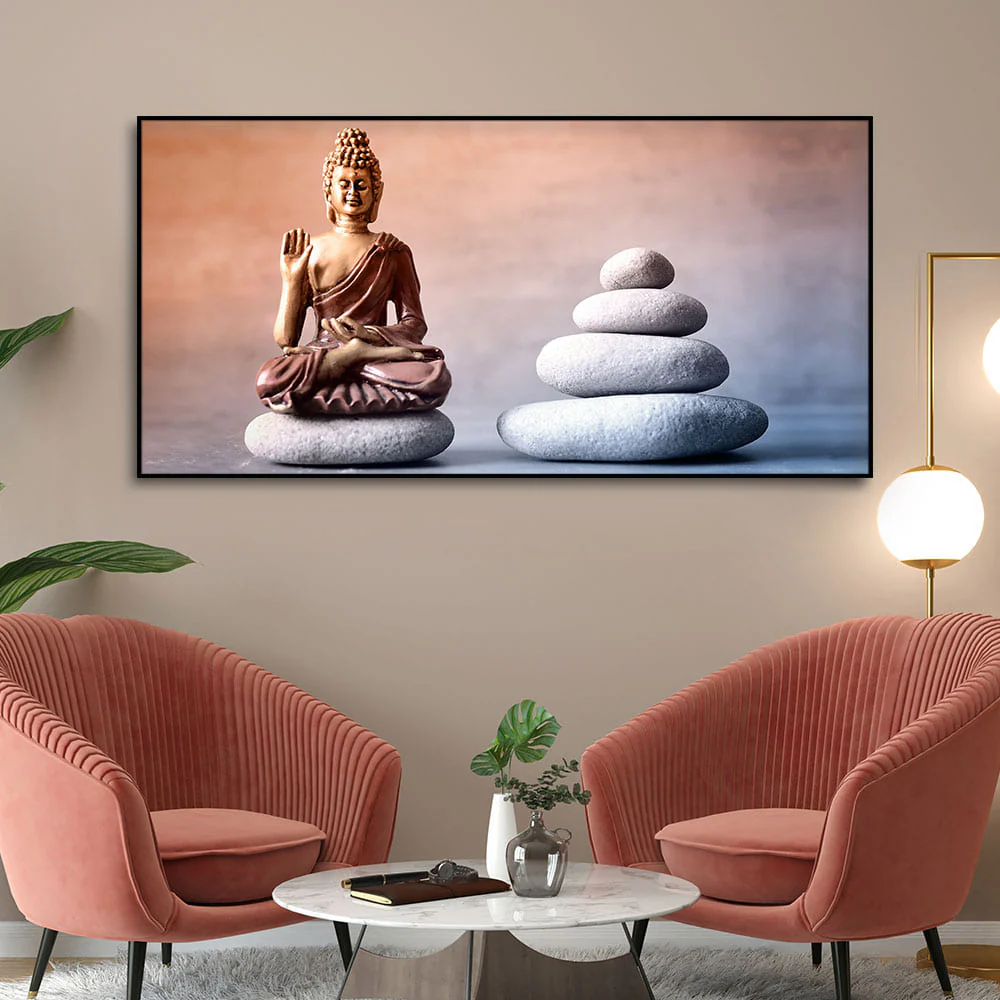 Meditating Buddha is Sitting with Balance Stones Canvas Wall Painting - Image 3