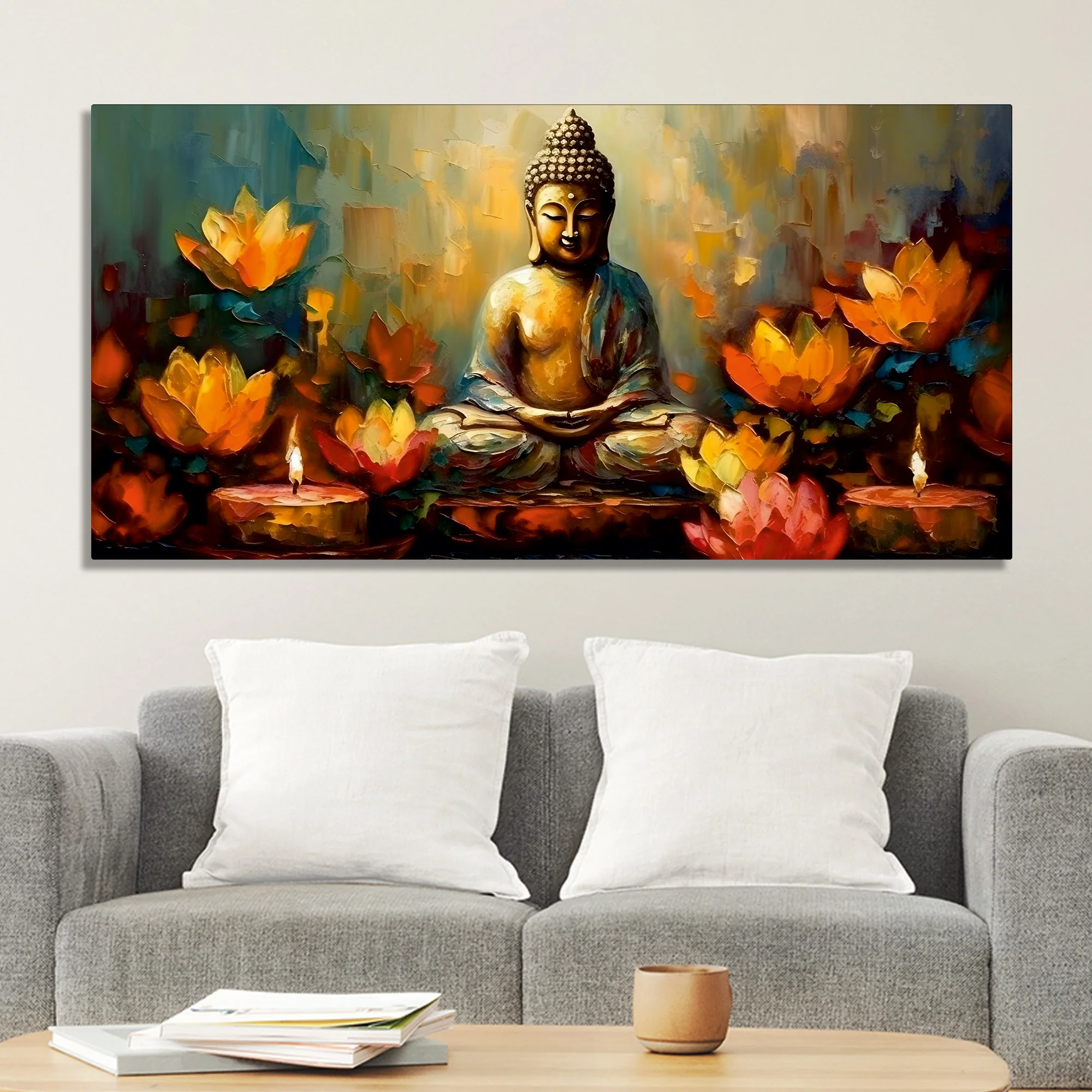 Meditating Buddha Statue with Lotus Flower Canvas Wall Painting - Image 3