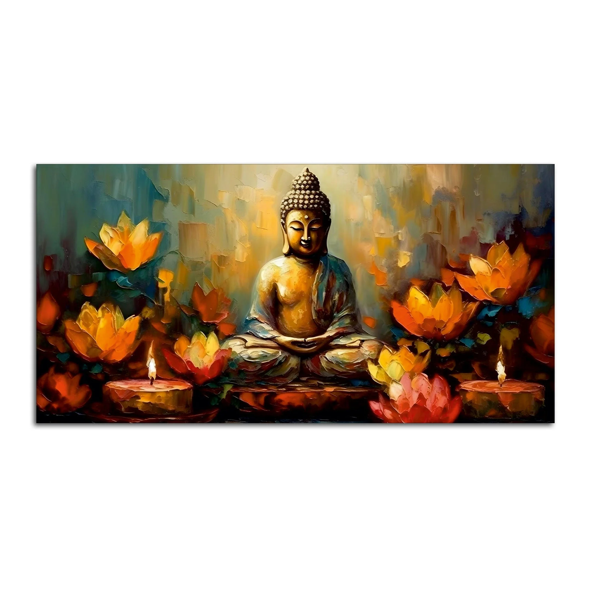 Meditating Buddha Statue with Lotus Flower Canvas Wall Painting - Image 4