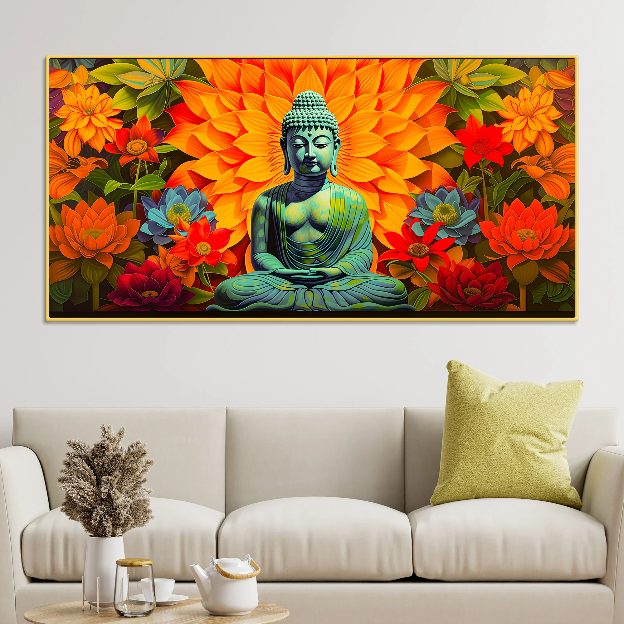 Meditating Buddha Wall Painting with Colorful Lotus Flowers - Image 2