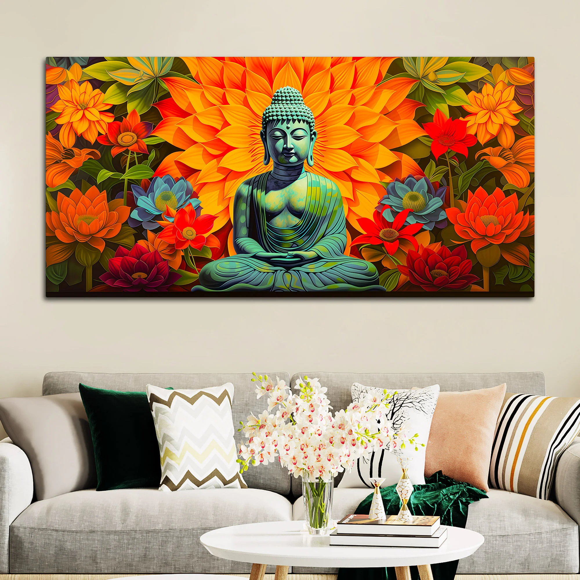 Meditating Buddha Wall Painting with Colorful Lotus Flowers - Image 3
