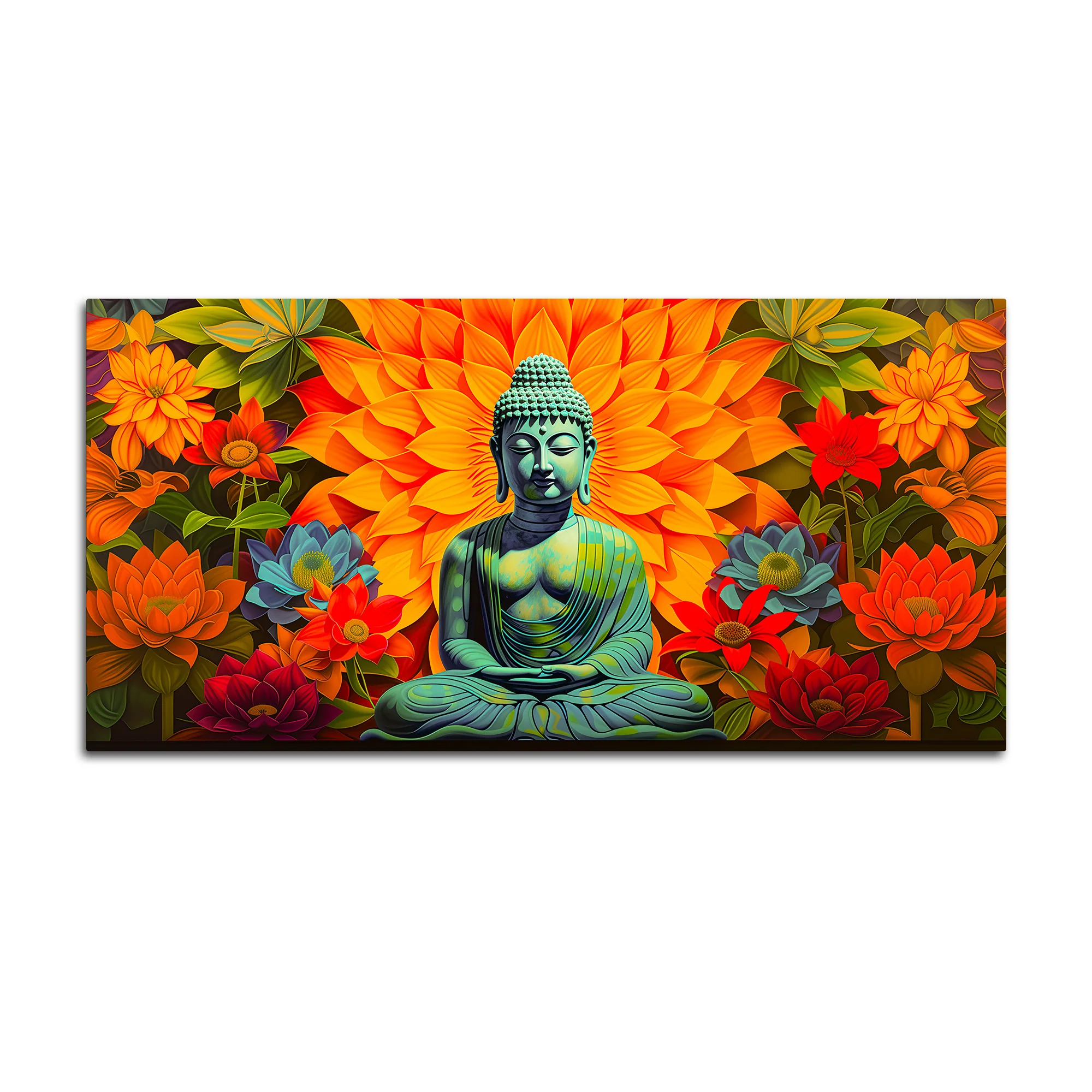 Meditating Buddha Wall Painting with Colorful Lotus Flowers - Image 4