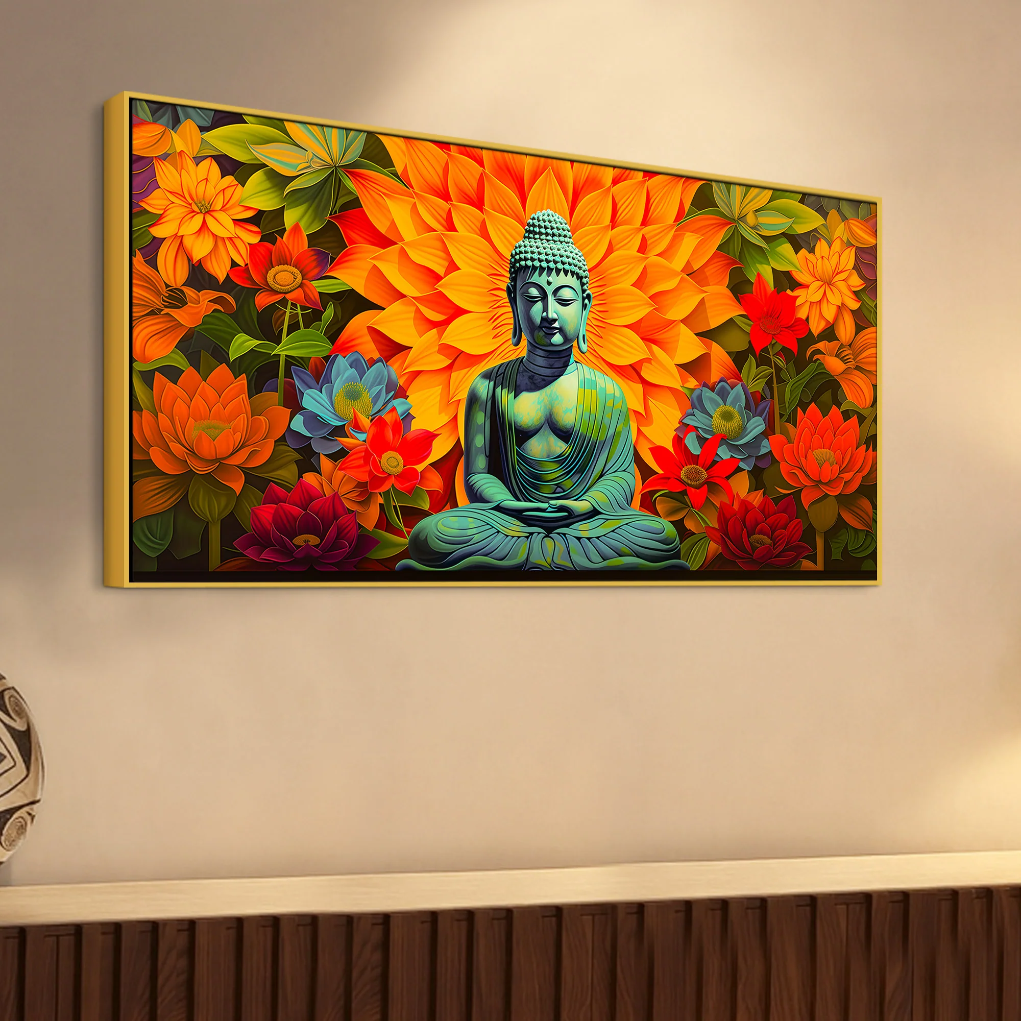Meditating Buddha Wall Painting with Colorful Lotus Flowers - Image 5
