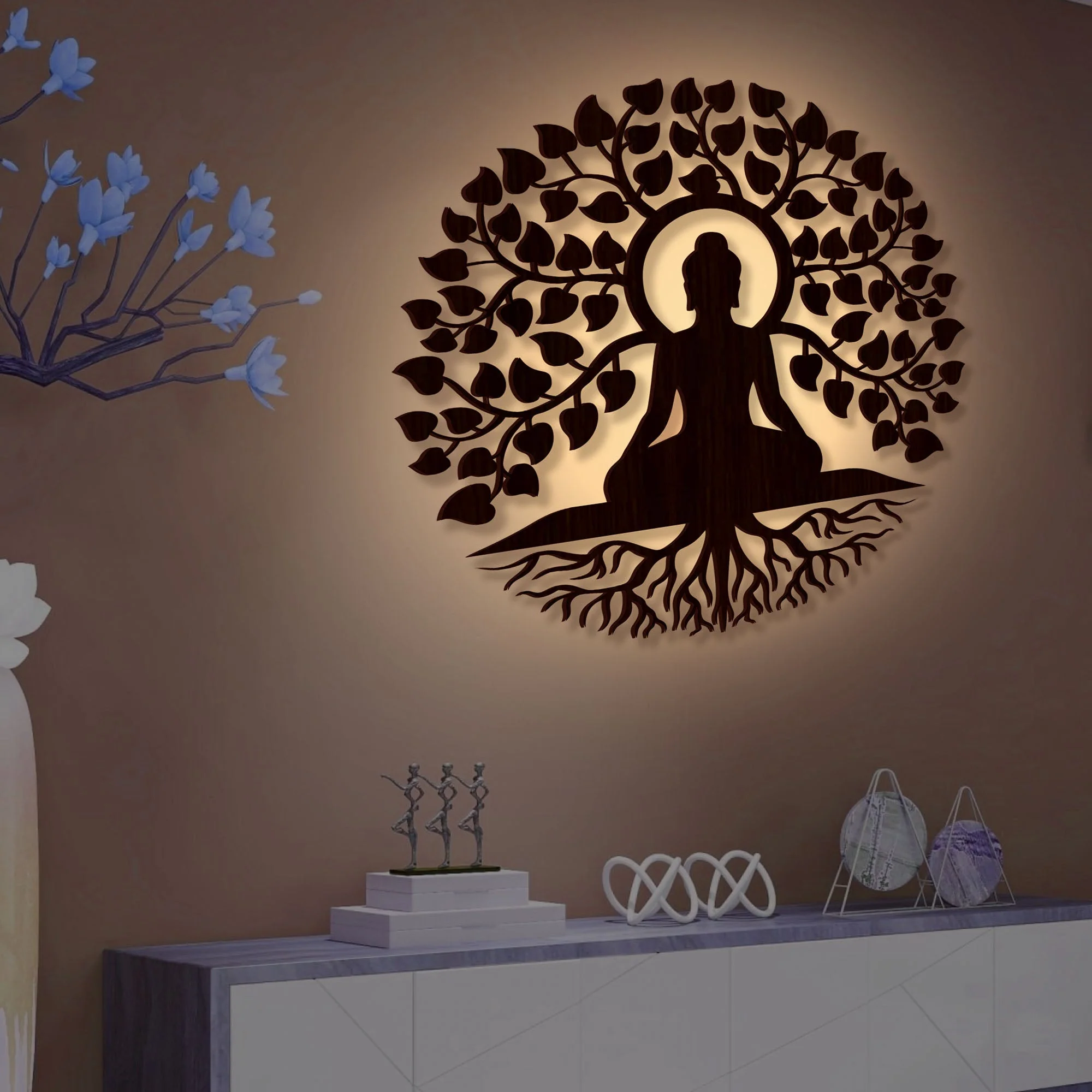 Meditating Lord Buddha Art Backlit Wooden Wall Hanging with LED Night Light Walnut Finish - Image 2