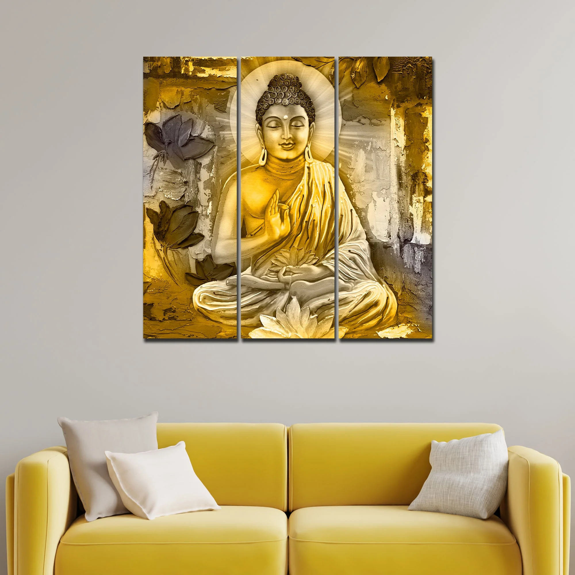 Meditating Lord Buddha Wall Painting Three Pieces - Image 3