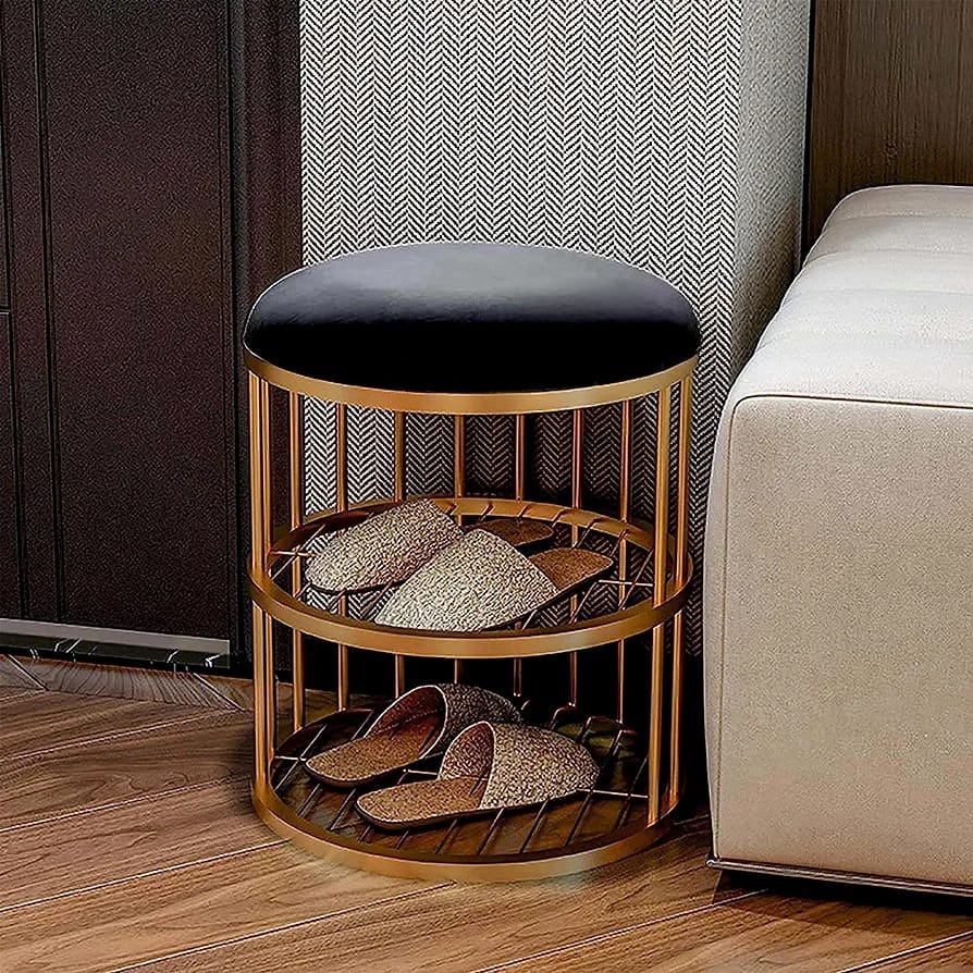 Metal Frame Shoe Bench Rack with Black Padded Seat - Image 2