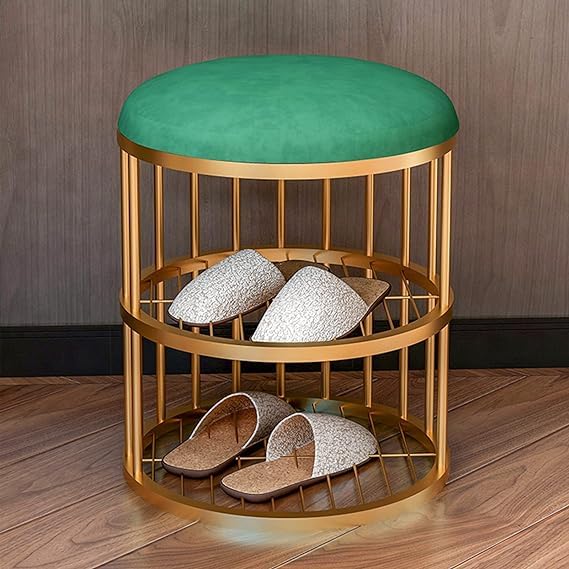 Metal Frame Shoe Bench Rack with Green Padded Seat - Image 2