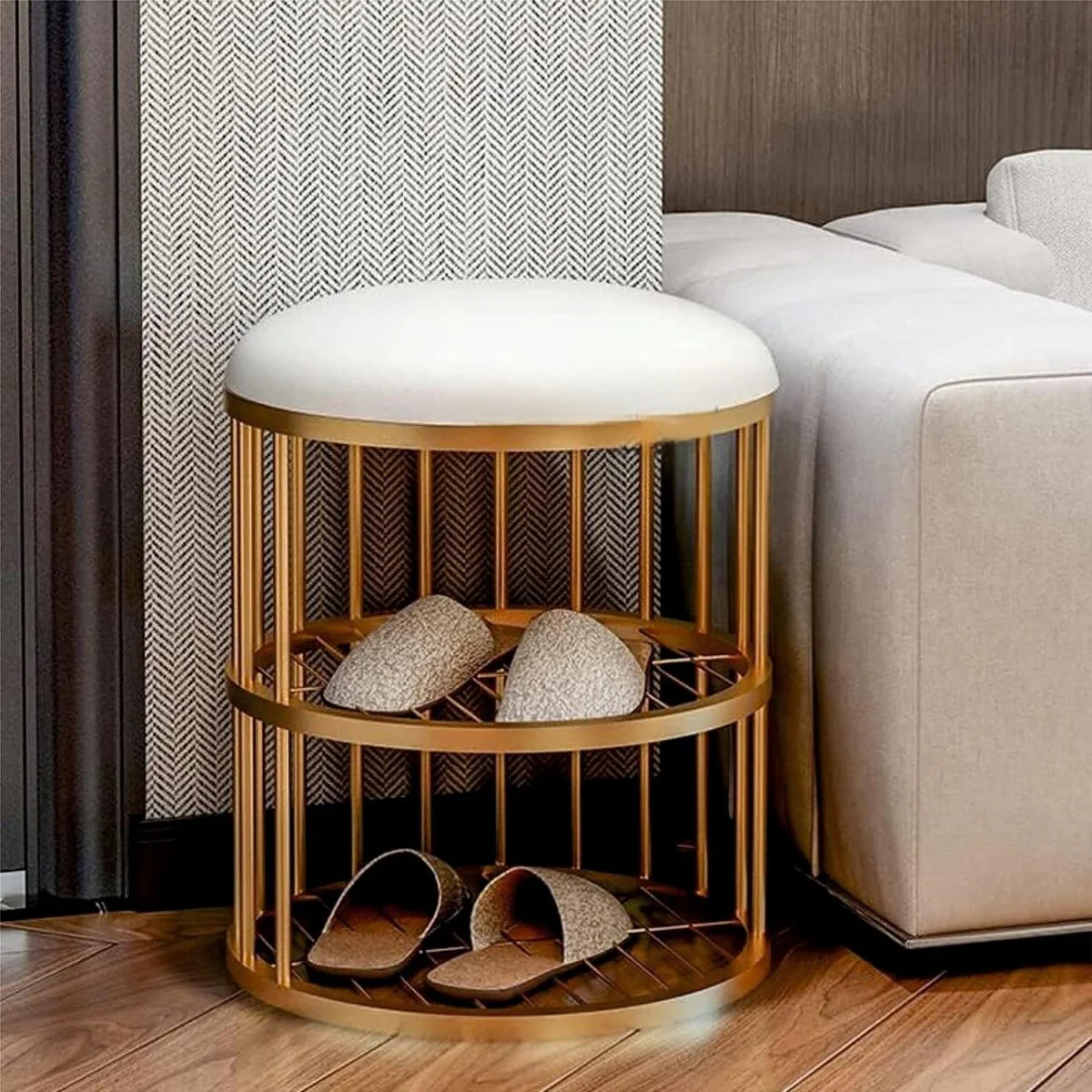 Metal Frame Shoe Bench Rack with White Padded Seat - Image 2