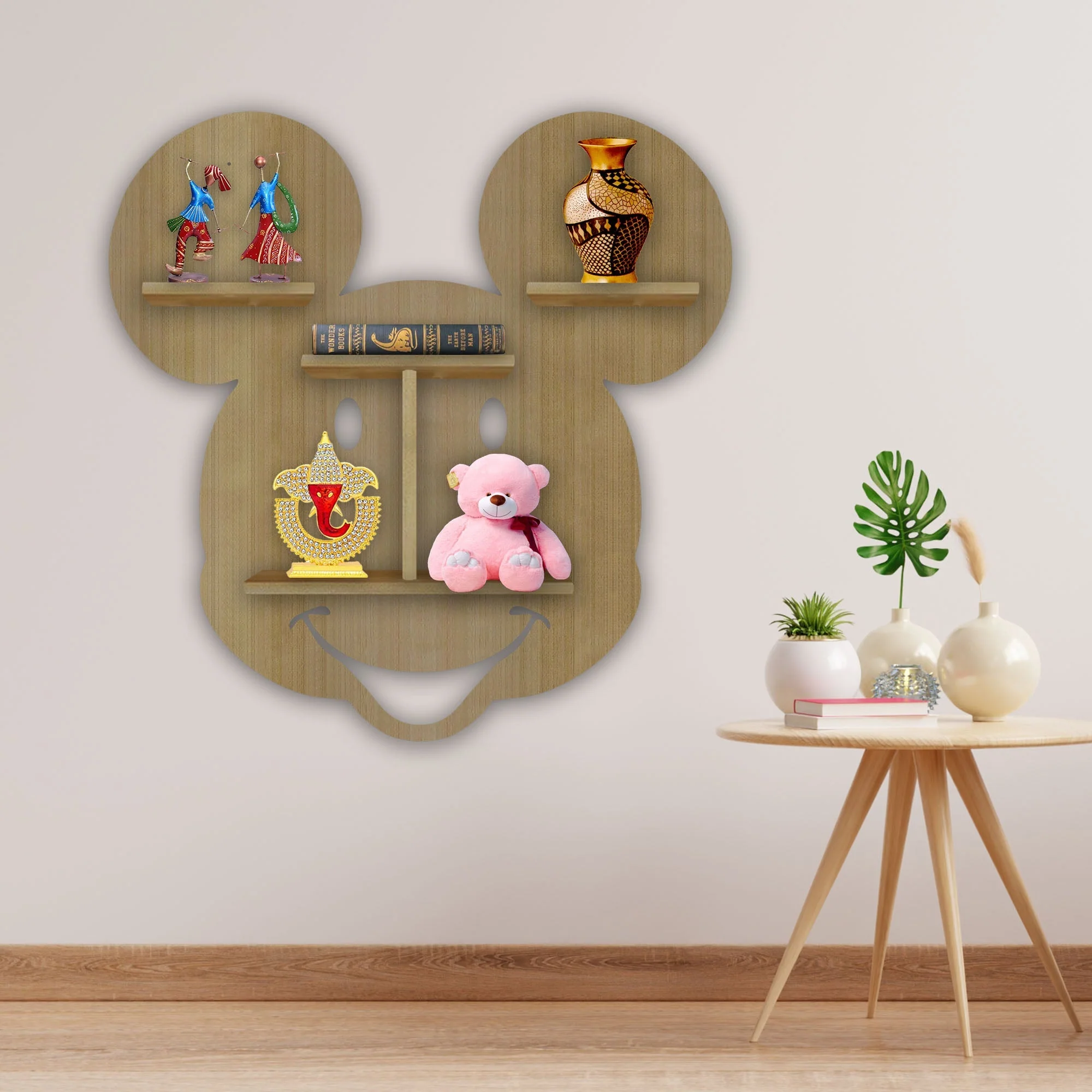 Mickey Mouse Face Shape Wooden LED Light Wall Shelf with Oak Finish - Image 3