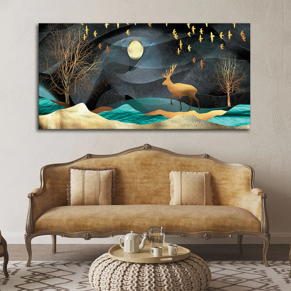 Midnight Golden Deer Scenery Premium Canvas Wall Painting - Image 2