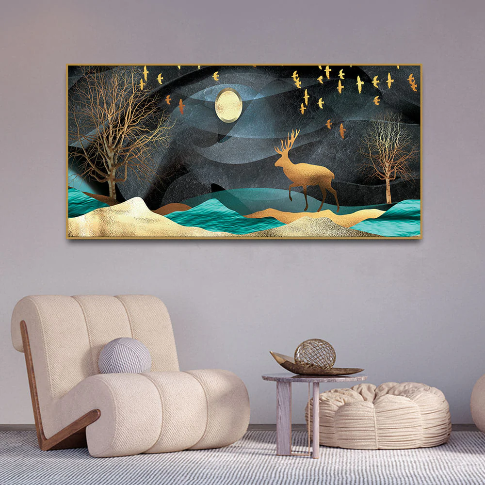 Midnight Golden Deer Scenery Premium Canvas Wall Painting - Image 3