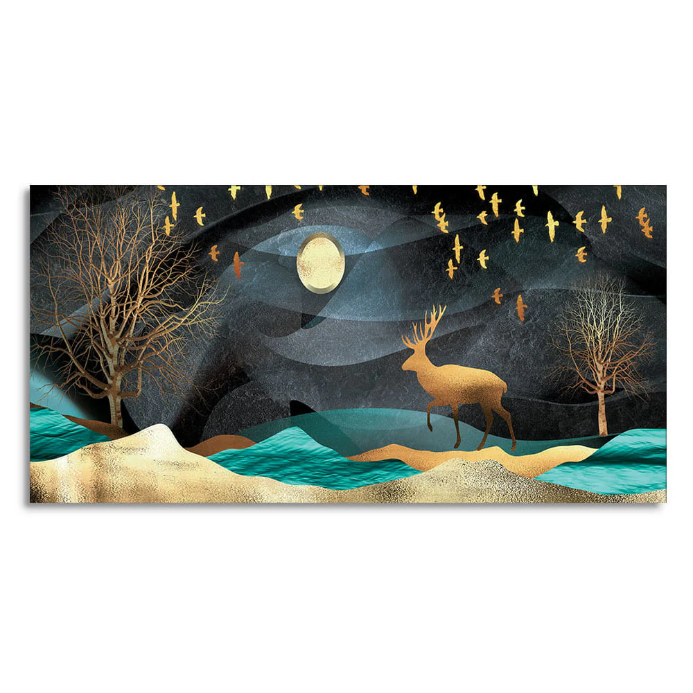 Midnight Golden Deer Scenery Premium Canvas Wall Painting - Image 4