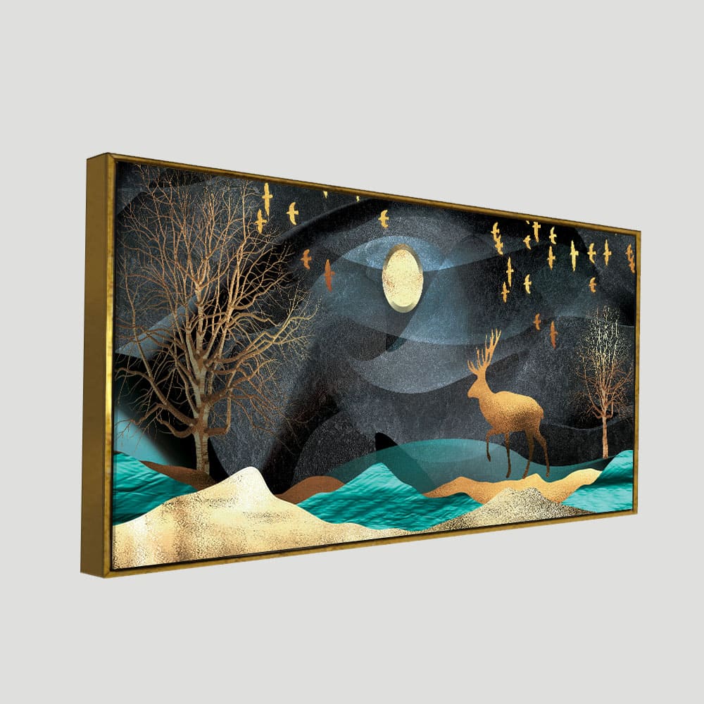 Midnight Golden Deer Scenery Premium Canvas Wall Painting - Image 5