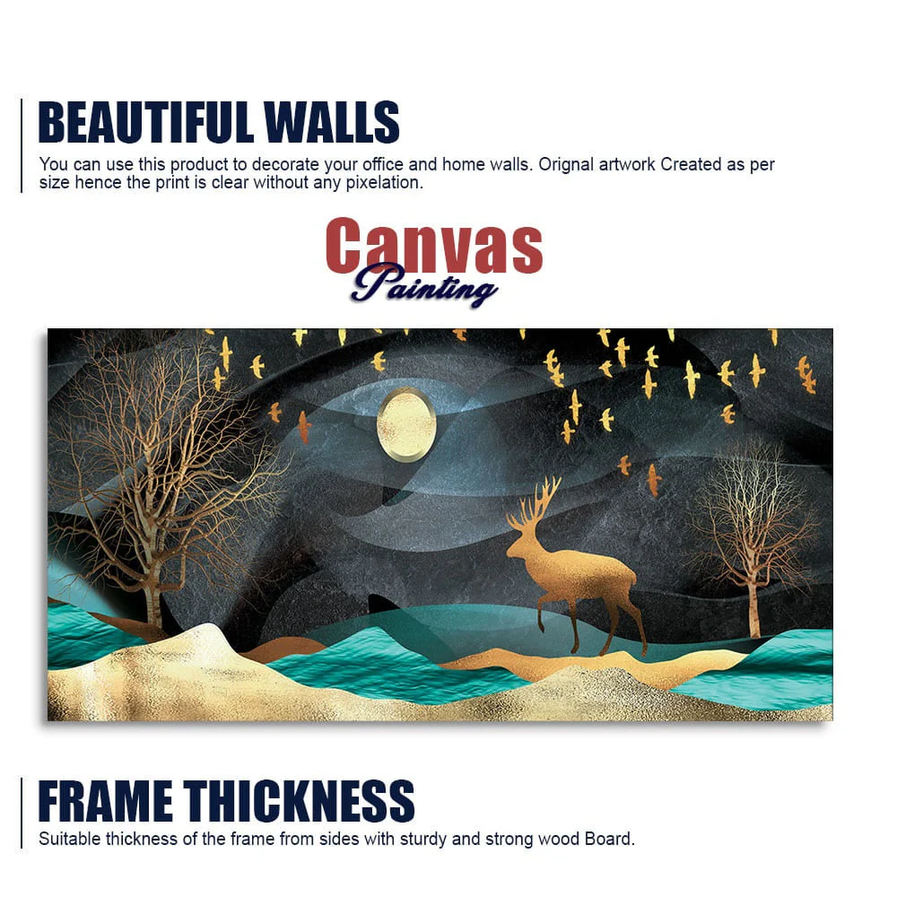 Midnight Golden Deer Scenery Premium Canvas Wall Painting - Image 6
