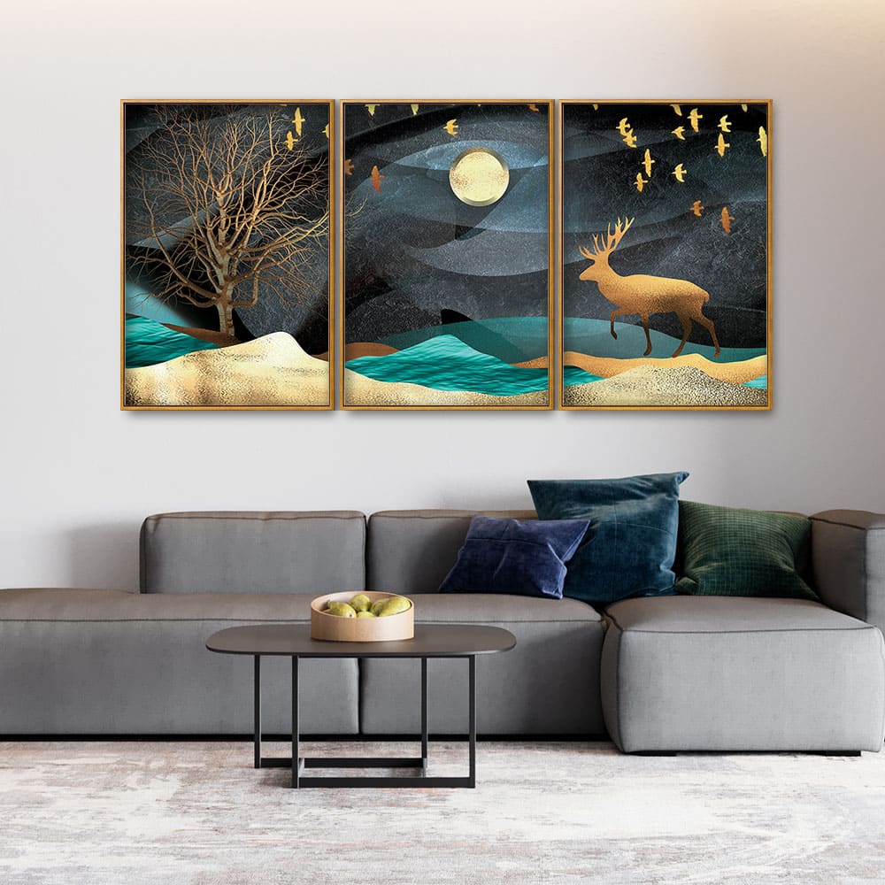 Midnight Golden Deer Scenery Premium Floating Canvas Wall Painting Set of Three - Image 3