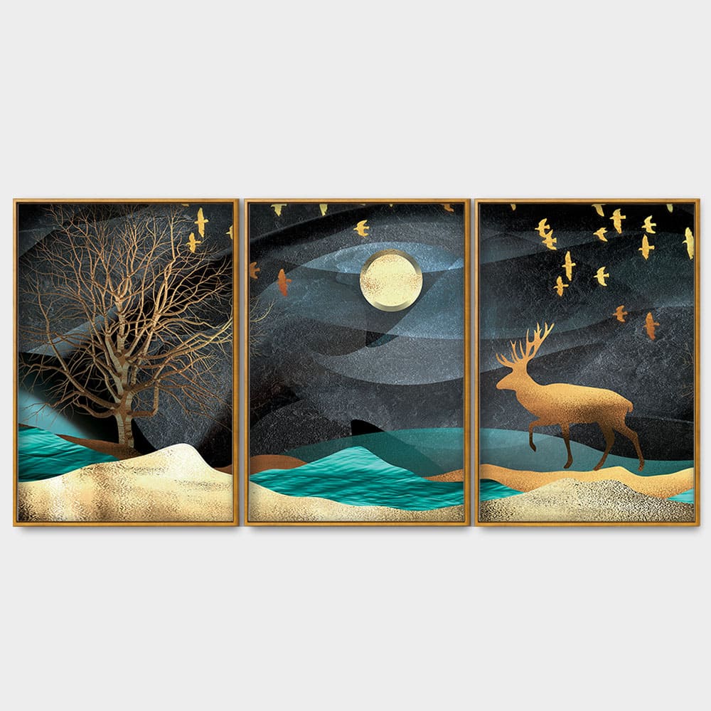 Midnight Golden Deer Scenery Premium Floating Canvas Wall Painting Set of Three - Image 4
