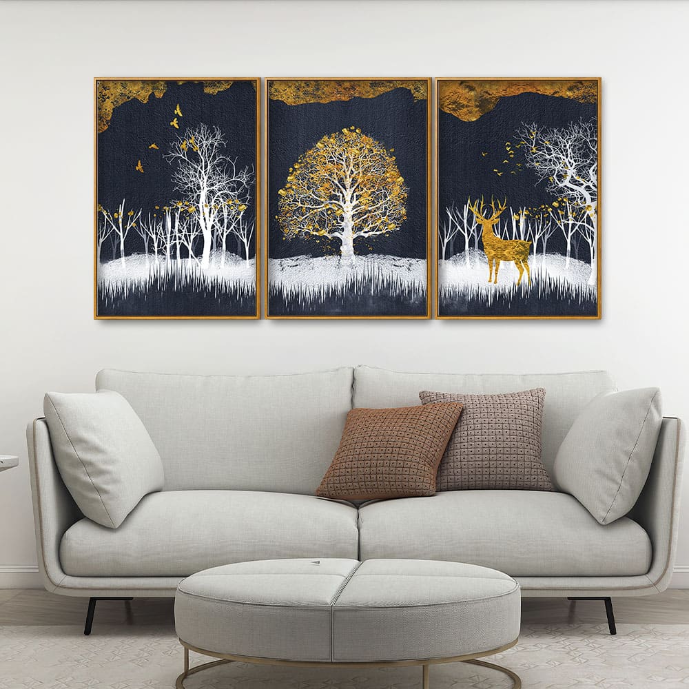 Midnight Golden Deer With Birds Scenery Premium Floating Canvas Wall Painting Set of Three - Image 2