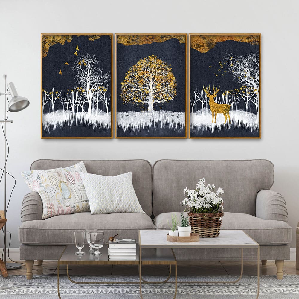 Midnight Golden Deer With Birds Scenery Premium Floating Canvas Wall Painting Set of Three - Image 3