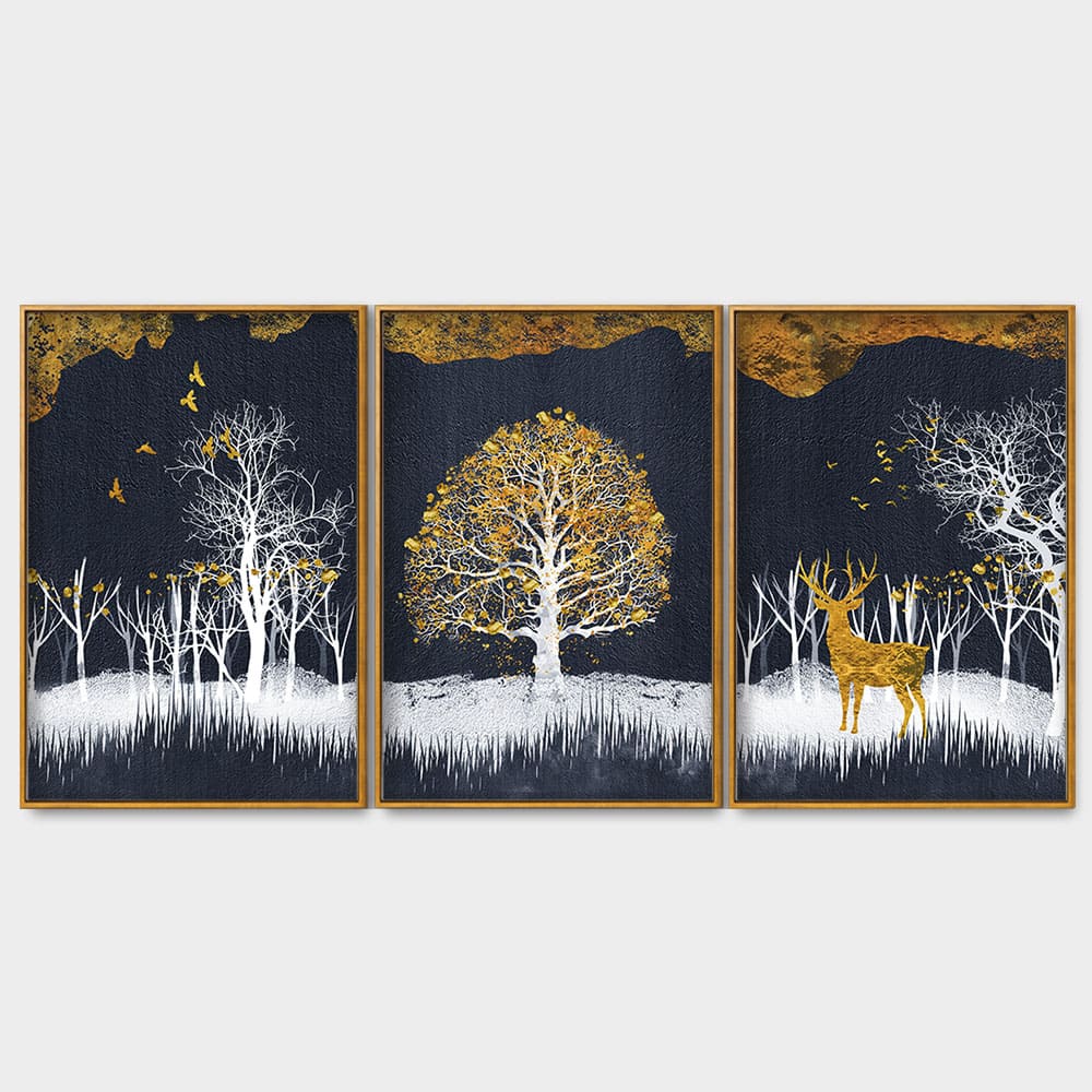 Midnight Golden Deer With Birds Scenery Premium Floating Canvas Wall Painting Set of Three - Image 4