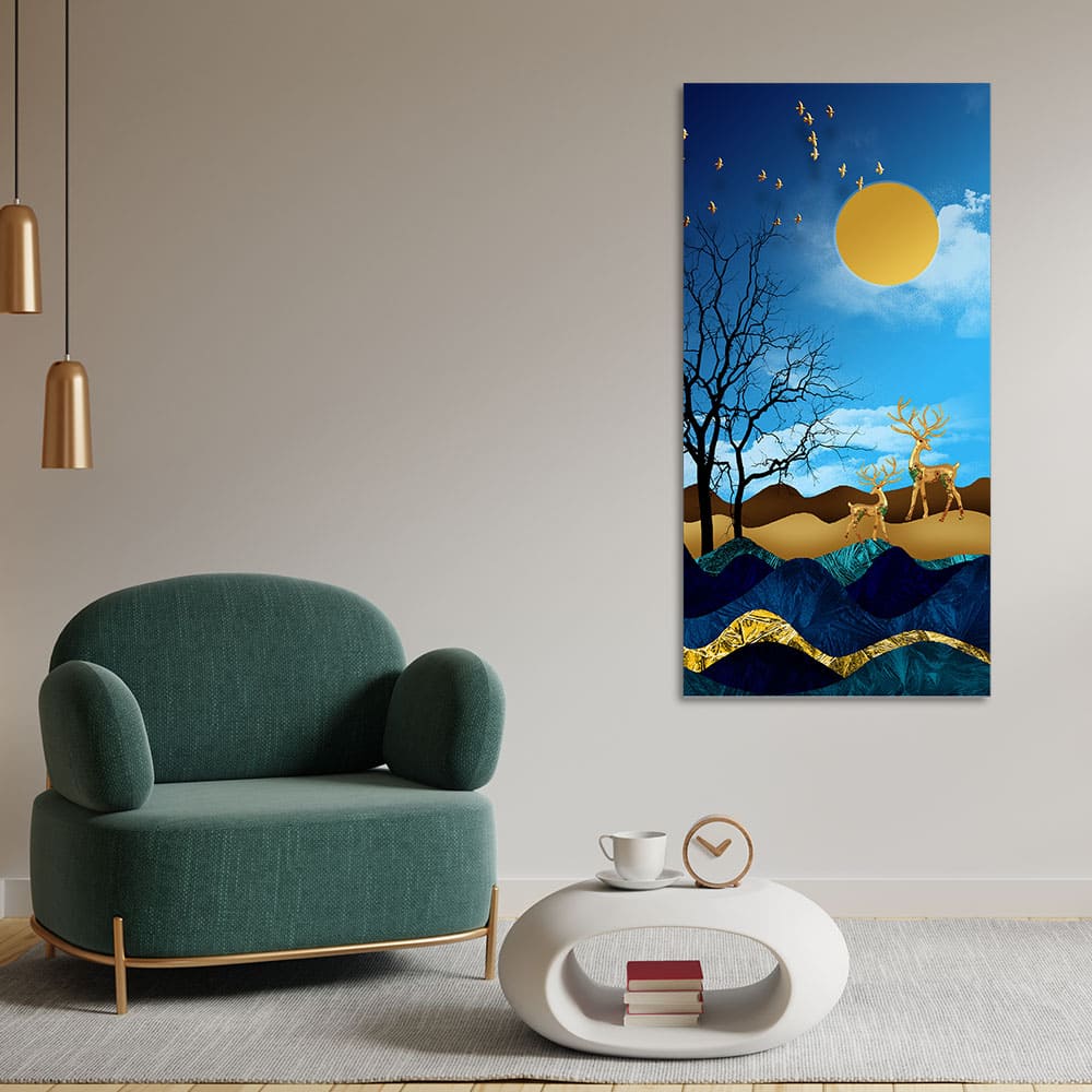 Midnight Golden Deers Scenery with Moon Premium Canvas Wall Painting - Image 2