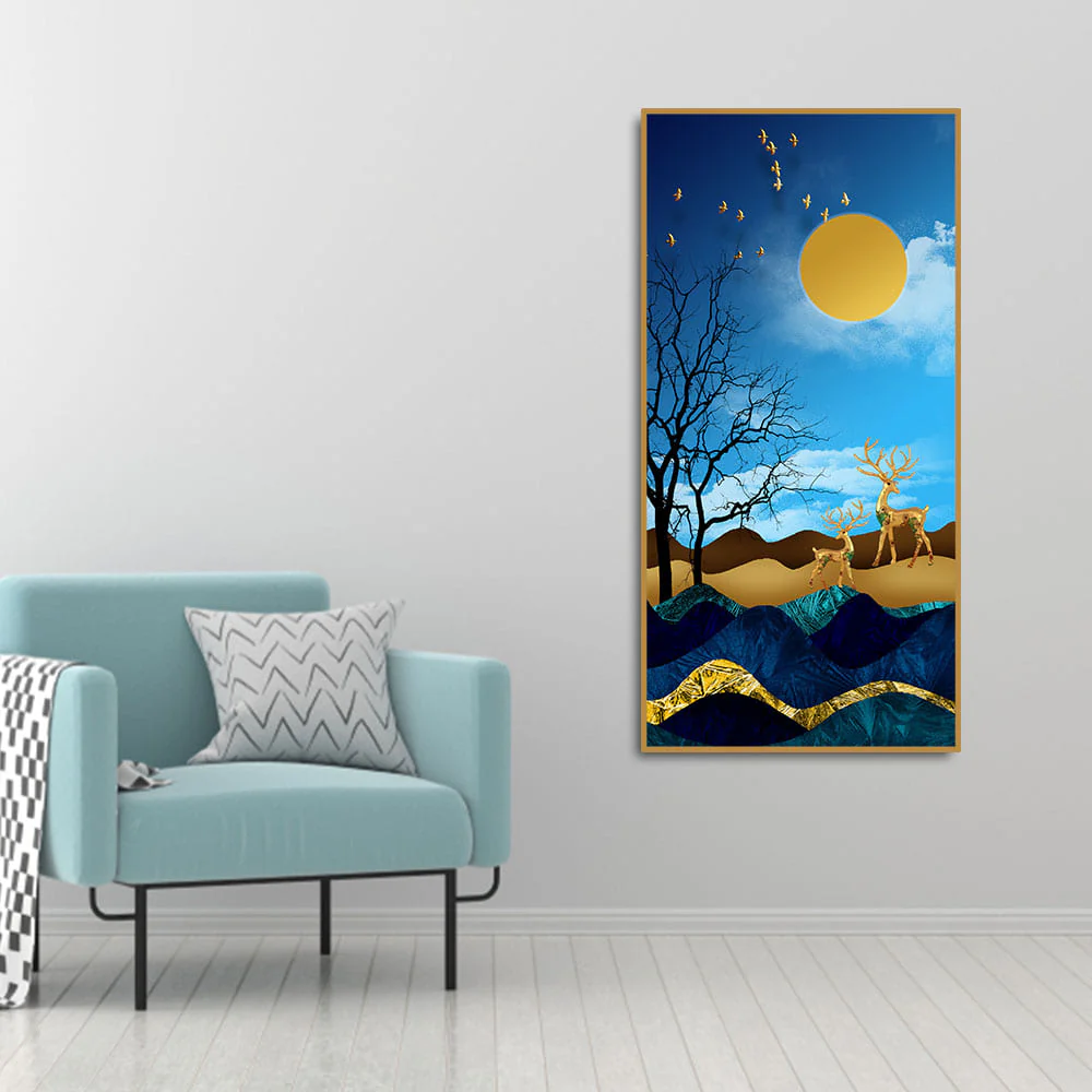 Midnight Golden Deers Scenery with Moon Premium Canvas Wall Painting - Image 3