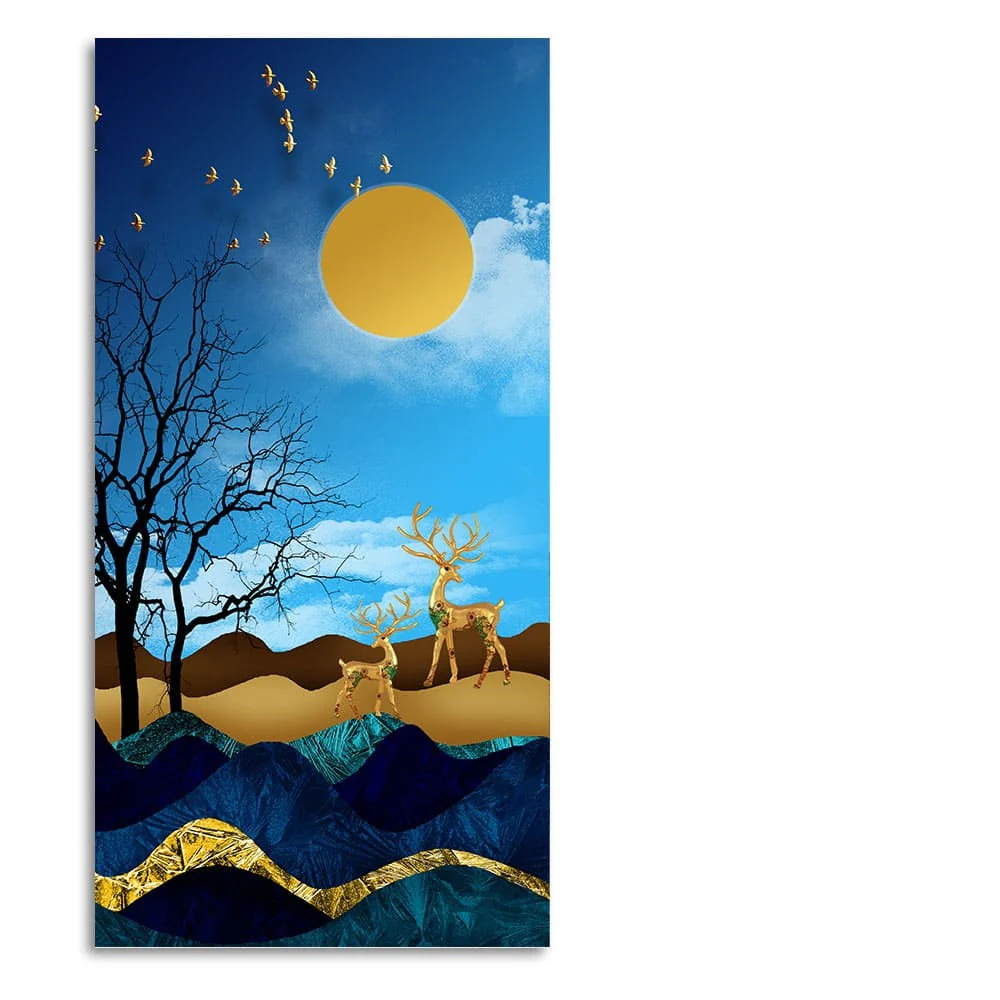 Midnight Golden Deers Scenery with Moon Premium Canvas Wall Painting - Image 4