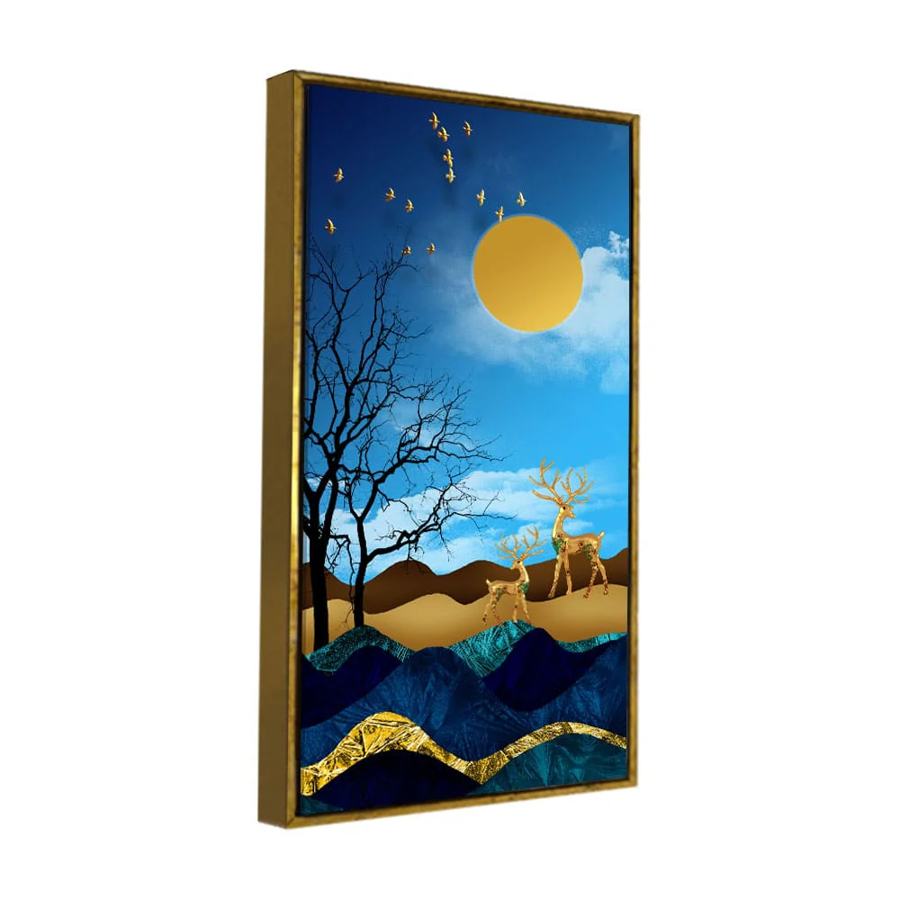 Midnight Golden Deers Scenery with Moon Premium Canvas Wall Painting - Image 5