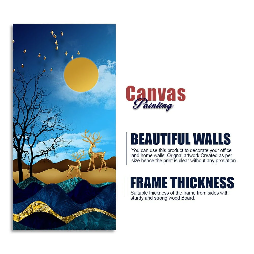 Midnight Golden Deers Scenery with Moon Premium Canvas Wall Painting - Image 6