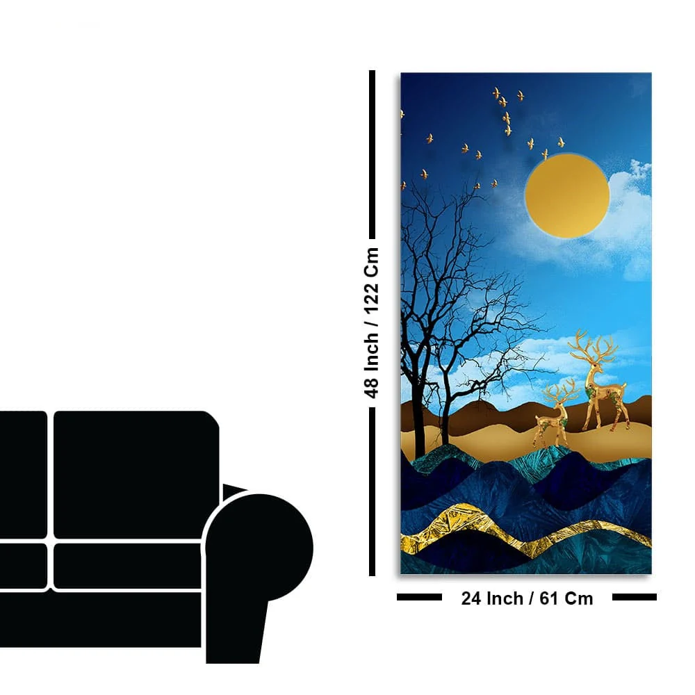 Midnight Golden Deers Scenery with Moon Premium Canvas Wall Painting - Image 7