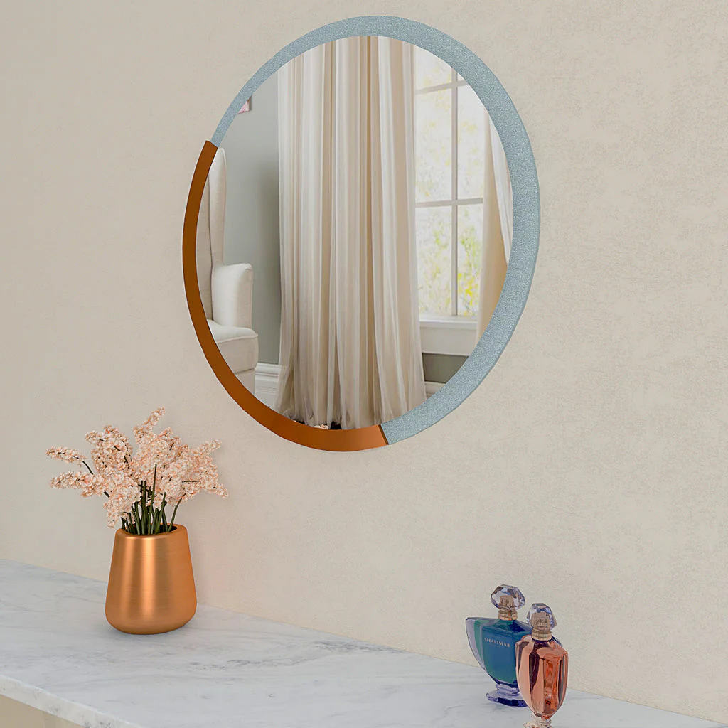 Minimalist Copper & Silver Finish Round Wooden Wall Mirror - Image 5