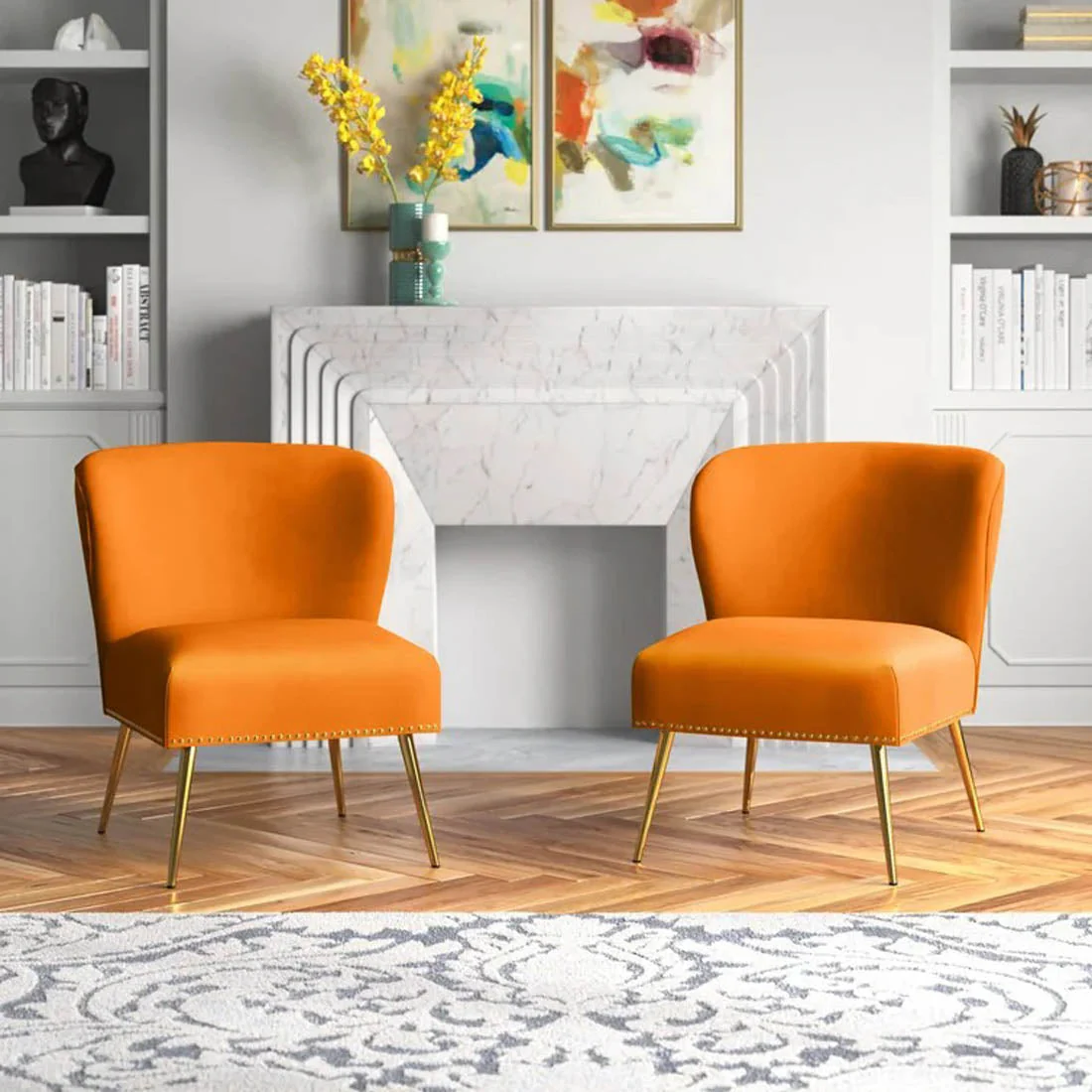Minimalist Design Orange Velvet Lounge Chairs