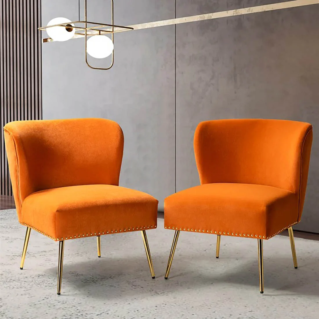 Minimalist Design Orange Velvet Lounge Chairs - Image 3