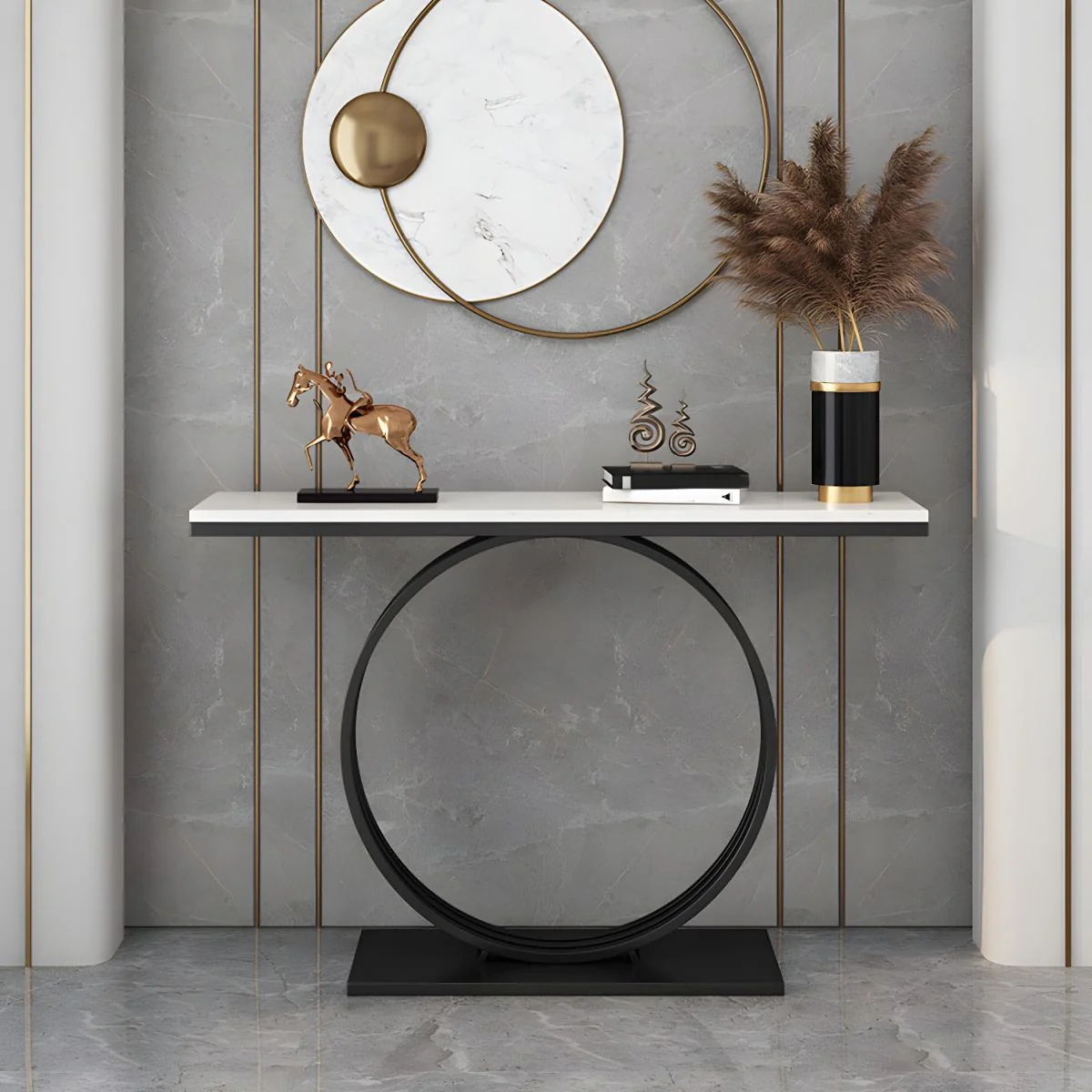 Minimalist Marble Console Table with Sleek Black Circular Base - Image 2