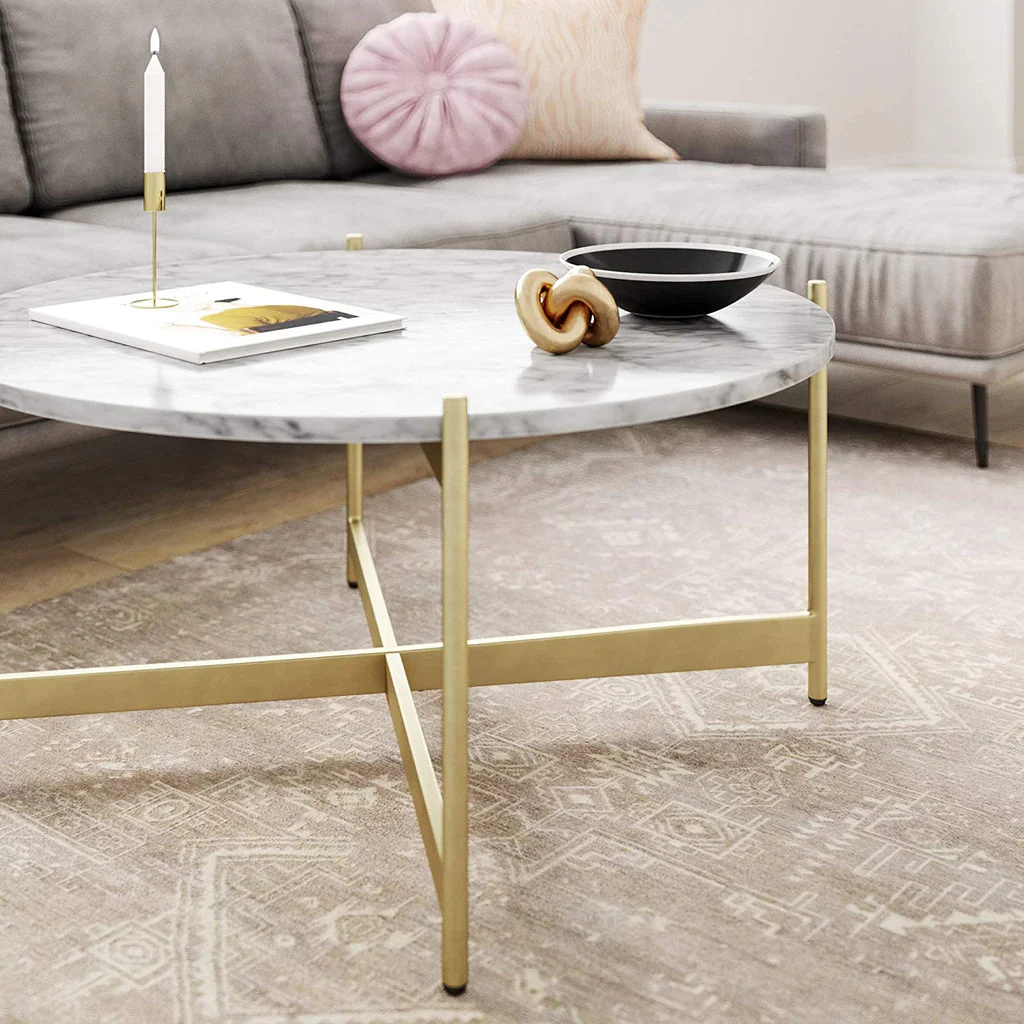 Minimalist Metal Center Table in Criss Cross Matte Finish Gold Base - Image 5