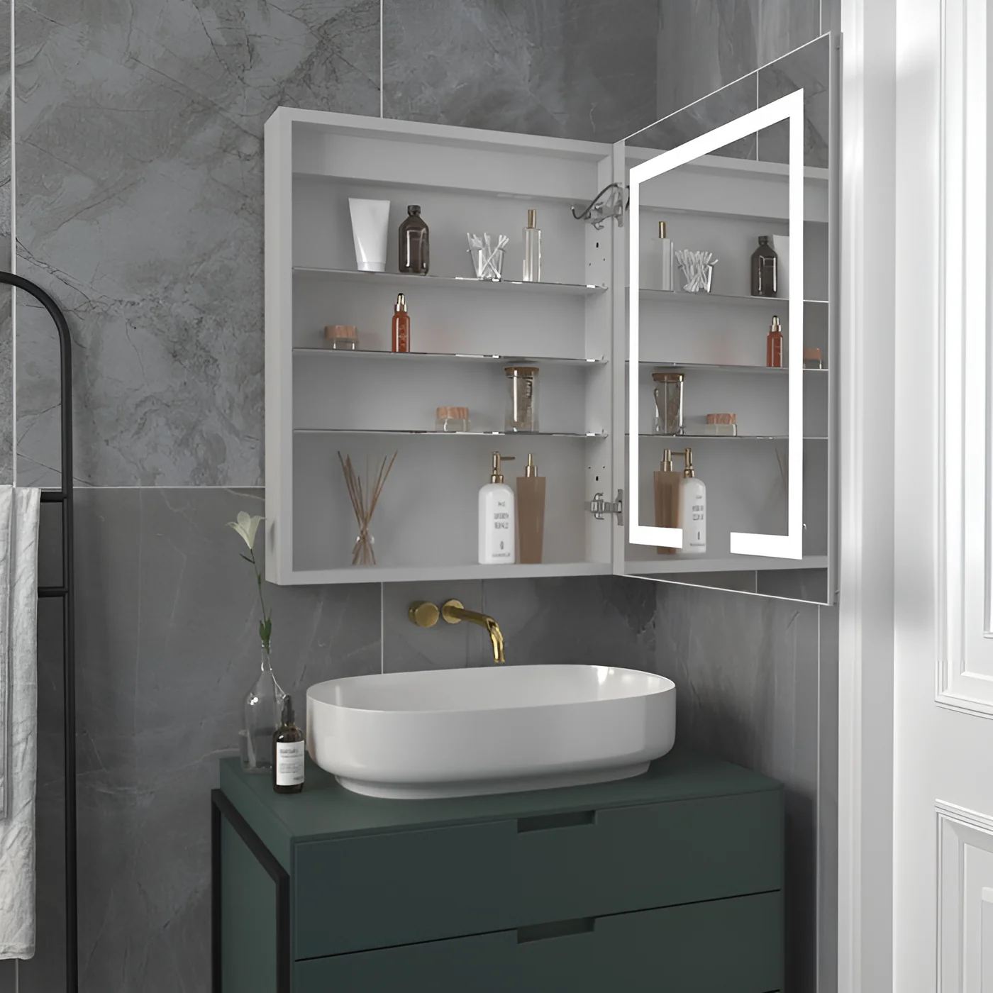 Minimalist Mirror Cabinet with Vertical Light Strips and Storage - Image 2