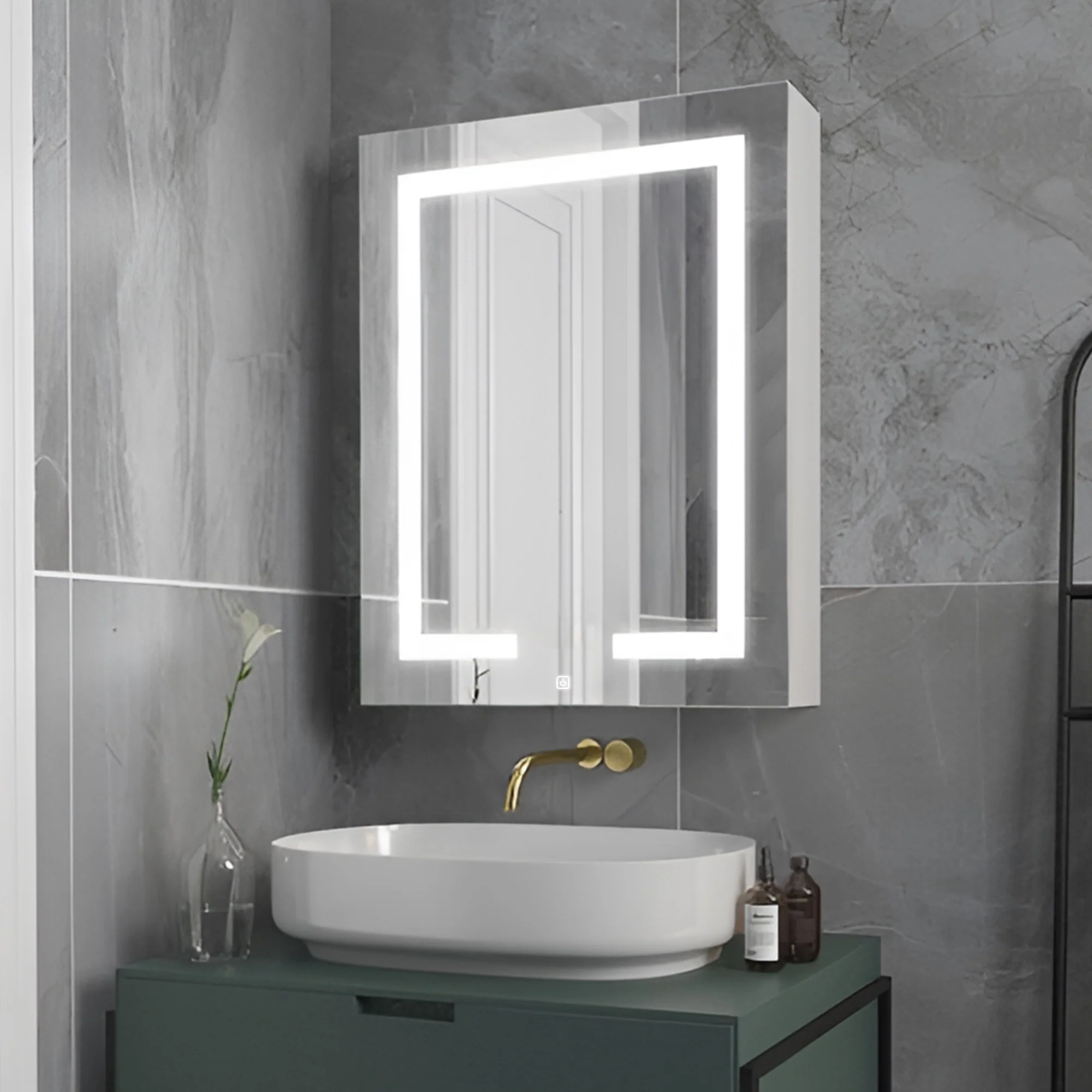 Minimalist Mirror Cabinet with Vertical Light Strips and Storage - Image 3