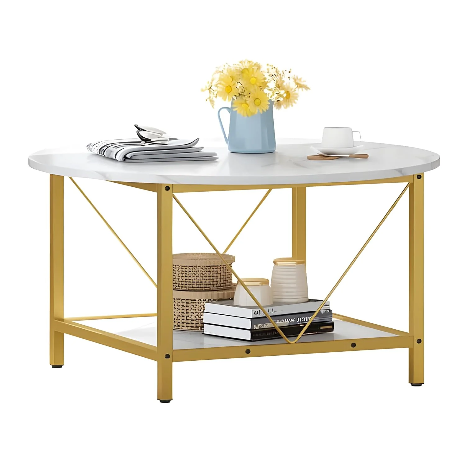 Minimalist Two-Tier Golden Metal Finish with White Marble Center Table - Image 3