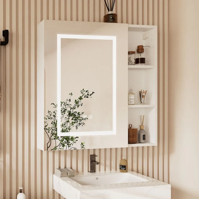 Minimalist Wall Cabinet with Backlit Mirror and Shelf Space