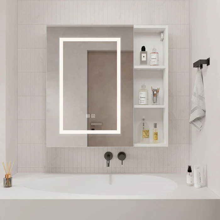 Minimalist Wall Cabinet with Backlit Mirror and Shelf Space - Image 2
