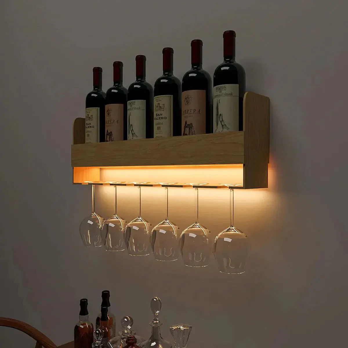 Minimalistic Design Backlit Wall Mounted Mini Bar Shelf in Light Oak Finish - Image 3