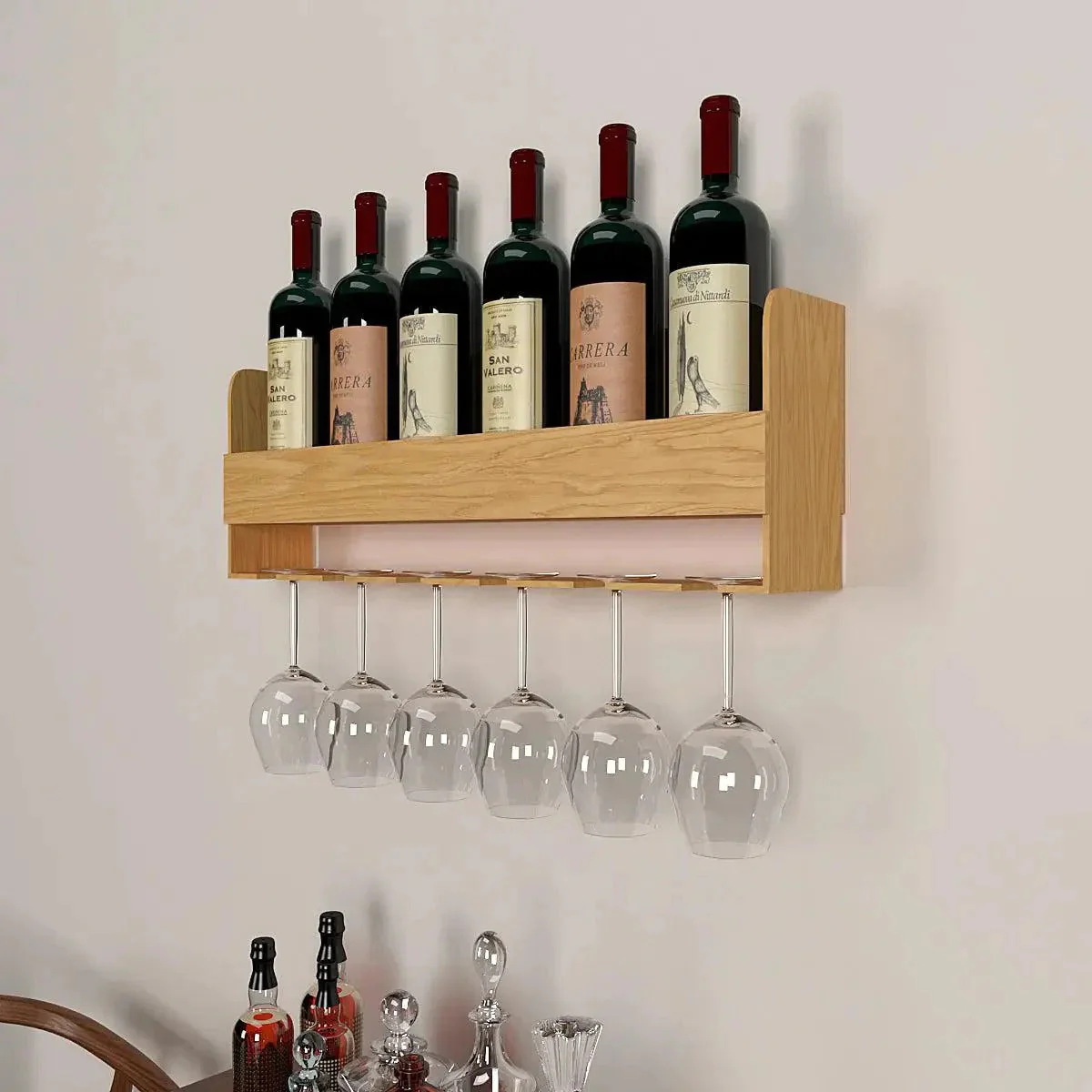 Minimalistic Design Backlit Wall Mounted Mini Bar Shelf in Light Oak Finish - Image 4
