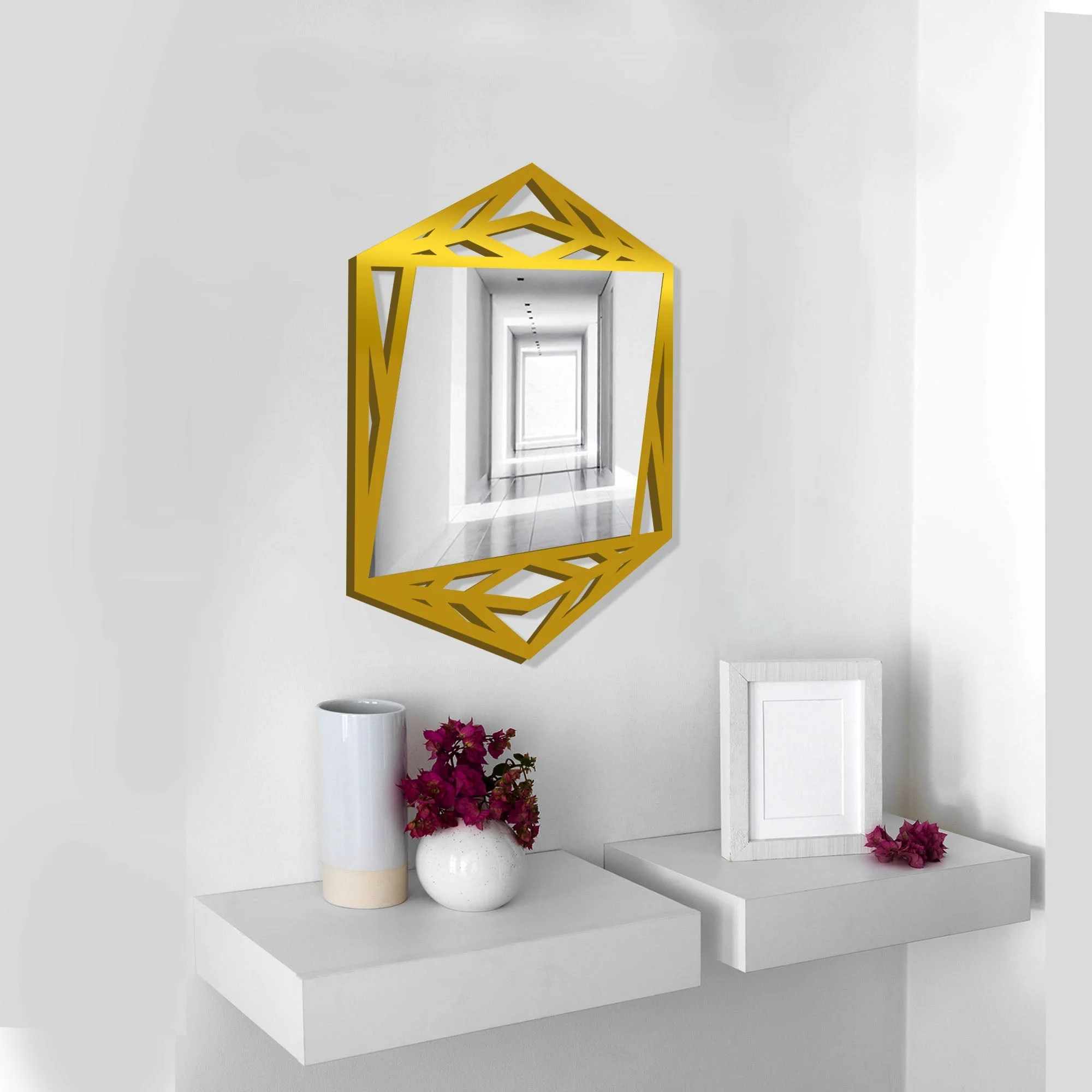 Minimalistic Geometrical Shape Wooden Golden Finish Wooden Vanity Mirror - Image 2