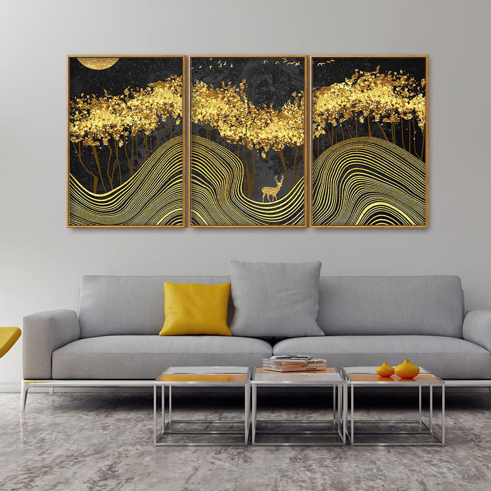 Miraculous Landscape with Golden Deer Texture Art Floating Canvas Wall Painting Set of Three - Image 2