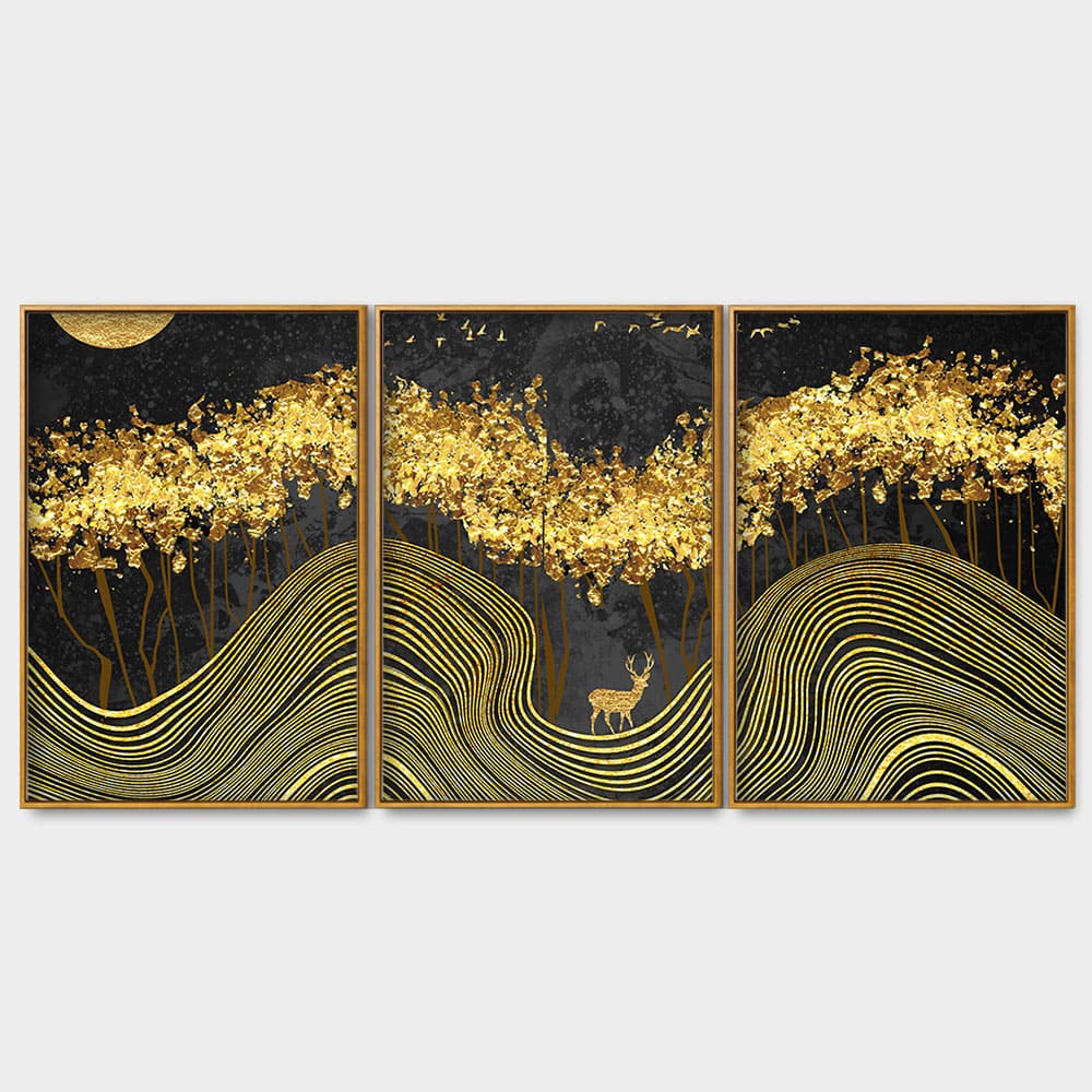 Miraculous Landscape with Golden Deer Texture Art Floating Canvas Wall Painting Set of Three - Image 4