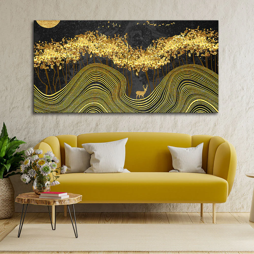 Miraculous Landscape with Golden Deer Texture Canvas Wall Painting - Image 2
